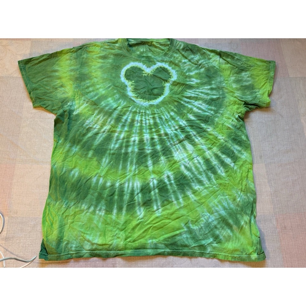 Hand Dyed Green Tie Dye Mouse Head Graphic T-Shirt Gildan Heavy Cotton 2XL—1